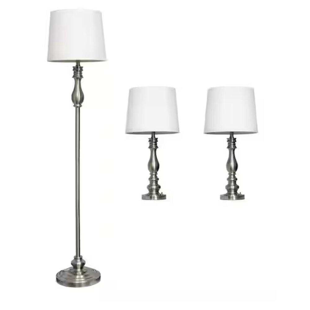 Elegant Designs Brushed Steel Three Pack Lamp Set (2 Table Lamps, 1 Floor Lamp)